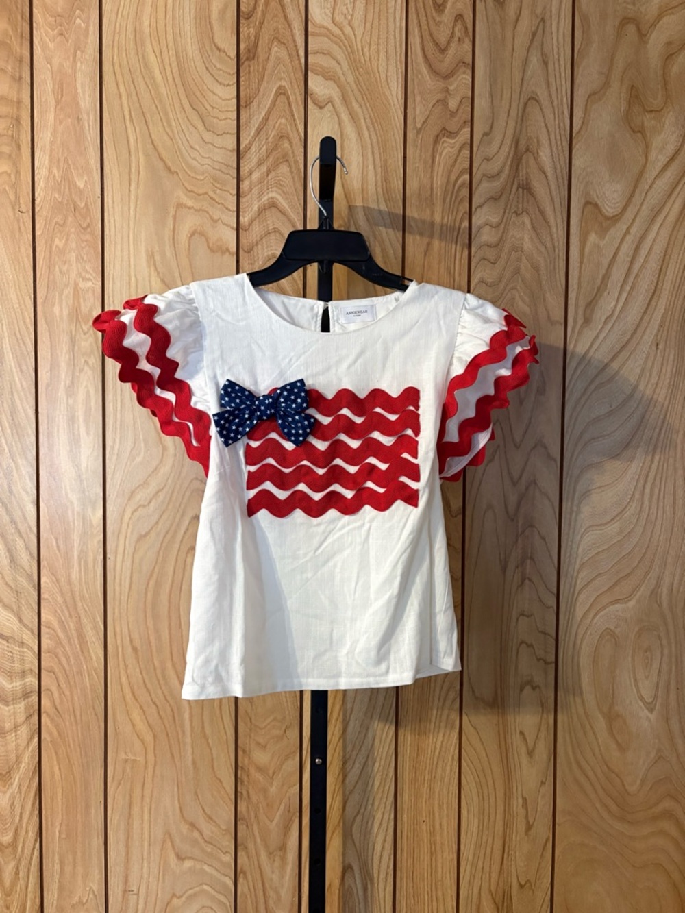 Anniewear Patriotic USA Flag Bow Top Small Red White Blue 4th of July Boutique